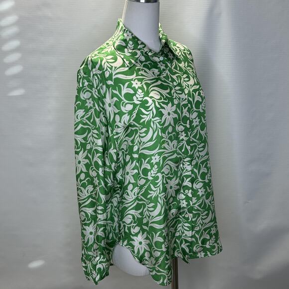 Maje Shirt Womens Large Green White Floral Button Up Long Sleeve Collared Top - Picture 1 of 10